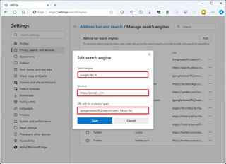 Edge new search engine settings