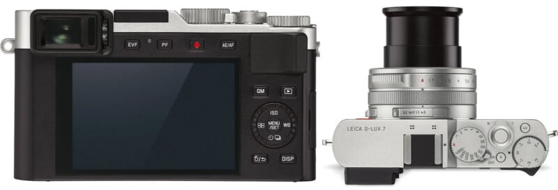 Two views of a digital camera: on the left, the rear view with the LCD screen and buttons;  on the right the top view with the extended zoom lens, dials and the branding "Leica D-Lux 7".  The camera has a sleek, compact design with silver and black elements.