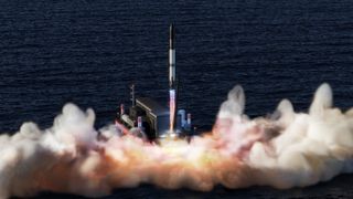 An image of a white and black rocket taking off from a launch pad surrounded by water.