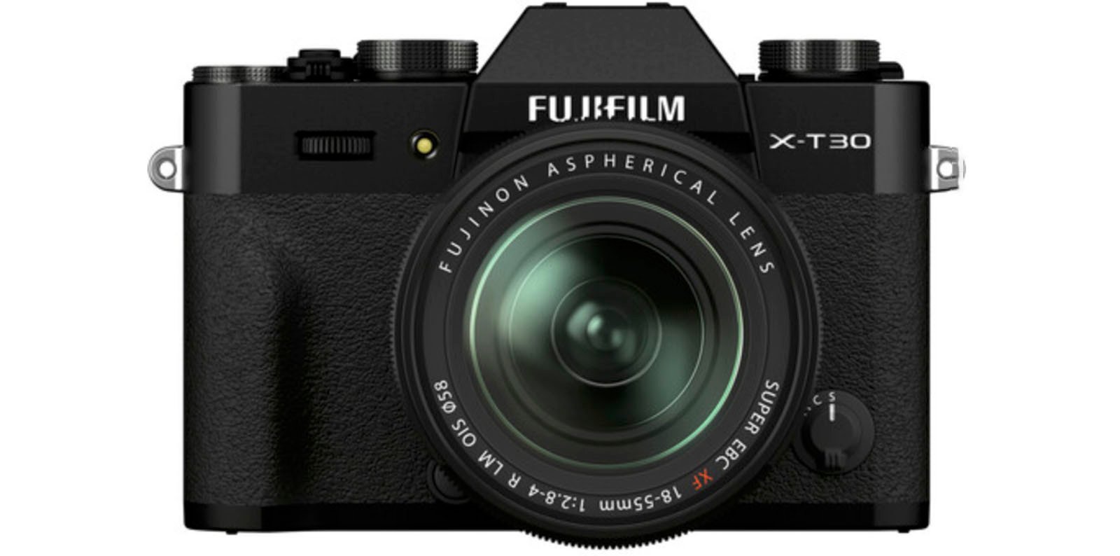 Front view of a Fujifilm X-T30 digital camera with a Fujinon aspherical lens.  The casing is mainly black, with various buttons and dials.  There is text on the lens that indicates the specifications: 18-55 mm, 1:2.8-4 R LM OIS.