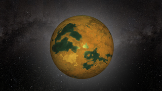 a golden brown planet in space, with thousands of stars behind it