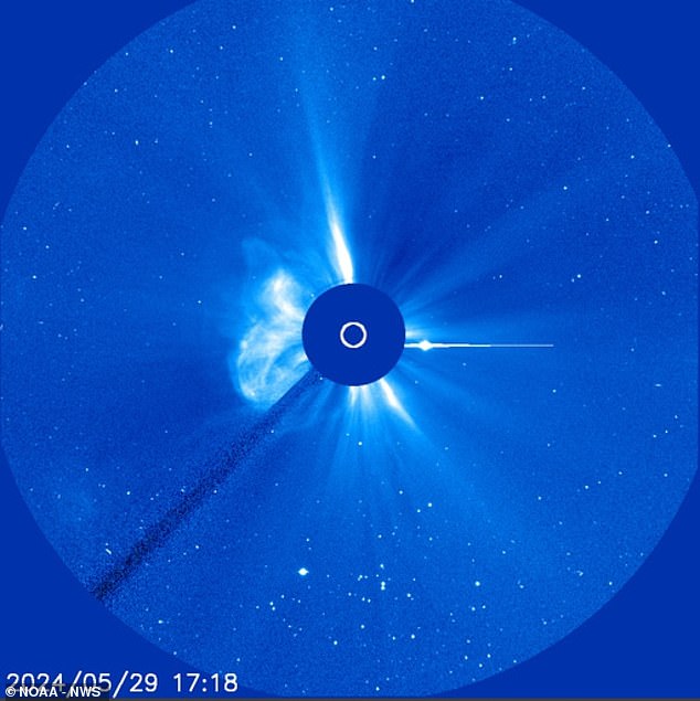 The upcoming solar storm on Friday and Saturday, caused by an X1.4 solar flare CME (photo, left of center above) emitted from Sunspot AR3697 yesterday.  The outburst's CME has already caused 