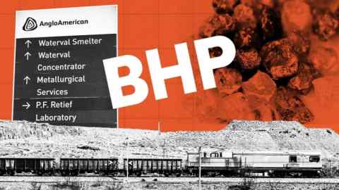 Photomontage of the BHP logo, De Beers diamonds and a Transnet rail freight service