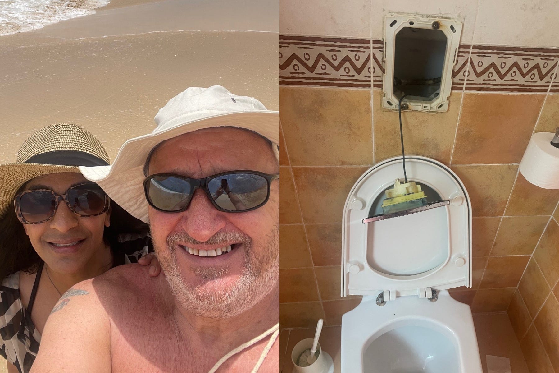 Clive Murray and his wife Rosie on holiday – and the damaged toilet