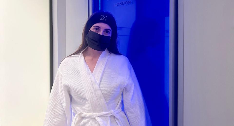 Standing outside the cryotherapy chamber.  (Yahoo Life UK)