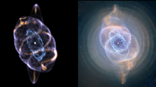 On the left is the 3D model of the Cat's Eye Nebula, which appears as a patchy purple structure with a patchy blue structure within it.  The background is black.  A very similar structure can be seen on the right, but it is lighter in color and appears to emit light.