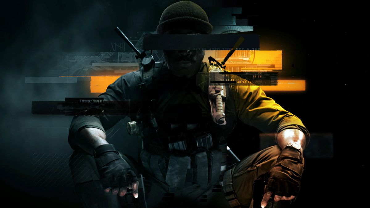 Major art for Call of Duty: Black Ops 6, depicting a soldier in fatigues, crouching in the traditional Black Ops cover art pose, his face obscured with color blocking in the style of redacted information.