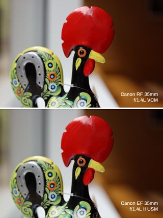 Two identical images of a close-up of the eye of a rooster statue