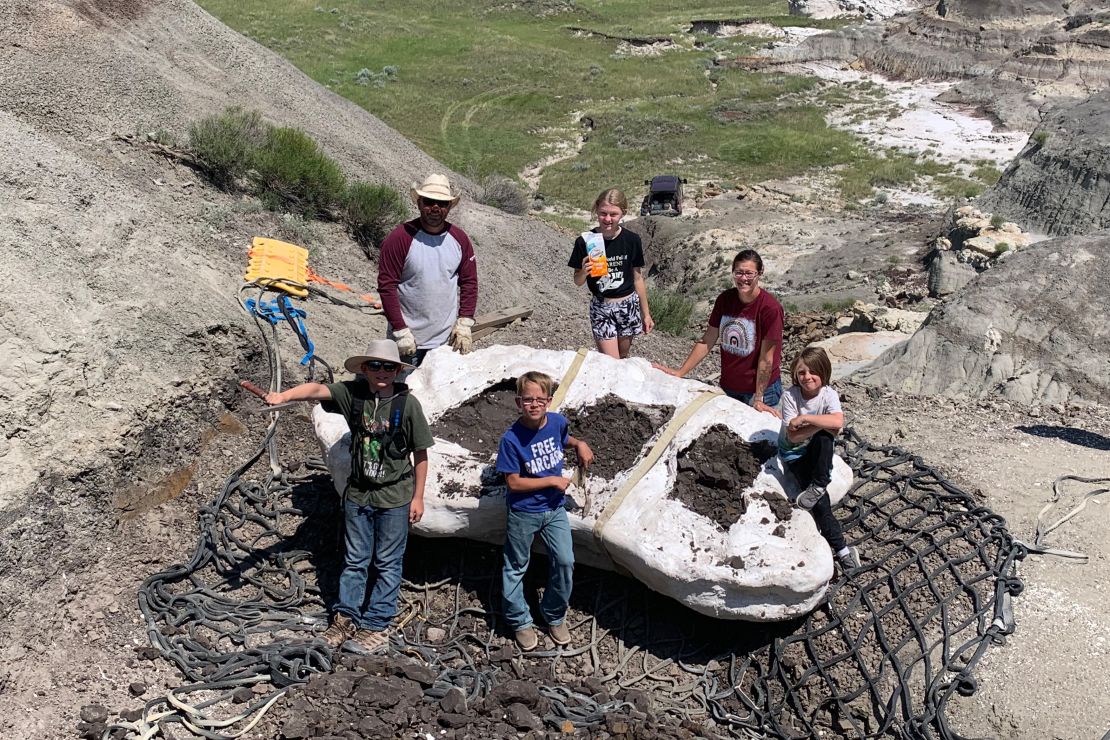 The dinosaur discovering family will return to the site for the dig in July 2023, including (clockwise from top left) Sam Fisher, Emalynn Fisher, Danielle Fisher, Liam Fisher, Kaiden Madsen and Jessin Fisher.