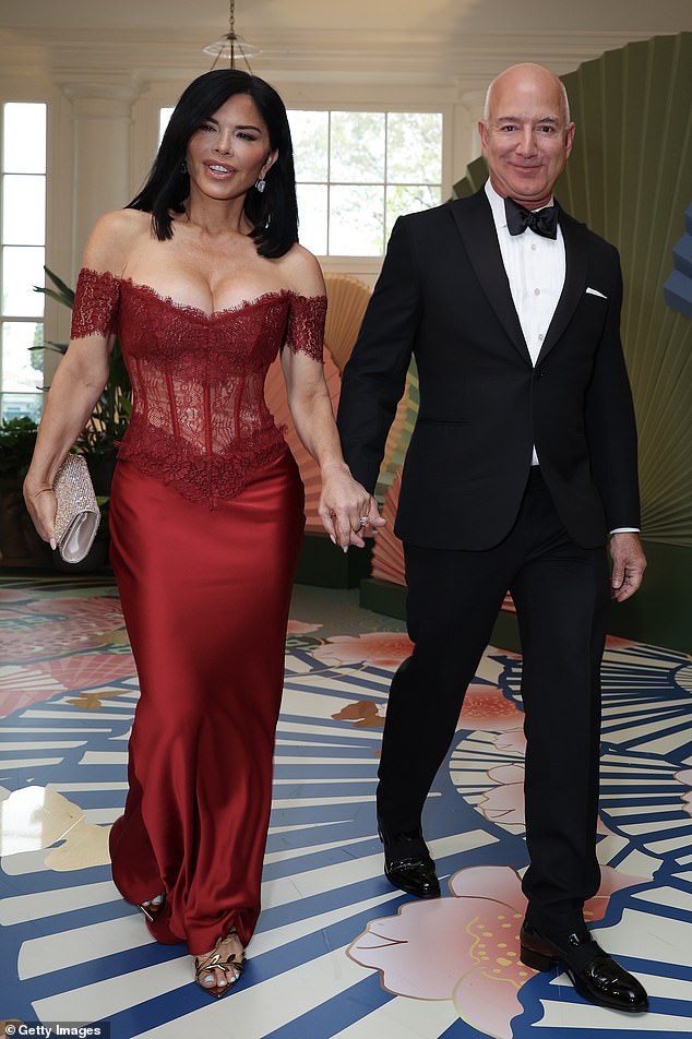 Amazon founder Jeff Bezos and his fiancée Lauren Sanchez arrive at the White House for a state dinner on April 10, 2024