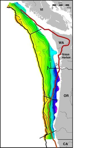 Subseafloor map of the Cascadia subduction zone, showing the depth of the fault between the eastward-moving Juan de Fuca locality and the North American plate.  Yellow/orange indicates shallow depths;  green, deeper;  blue/purple the deepest.  Diagonal black lines approximate the dividing lines between different segments of the zone.  The wavy red line to the right indicates the seaward edge of stiff continental rocks that apparently cause the zone to break up into these segments.