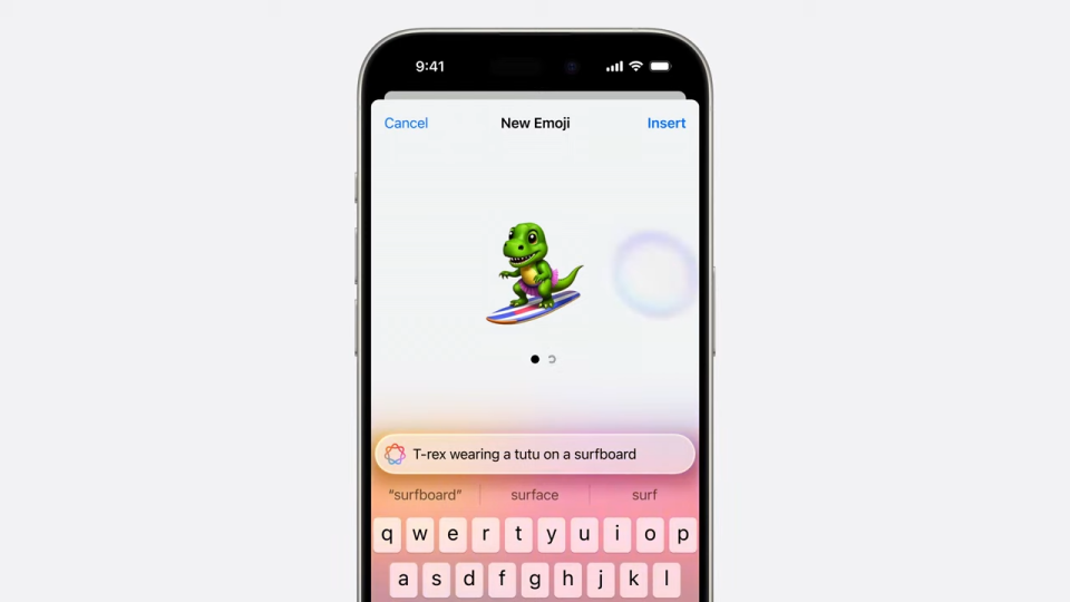 An example of using Apple Intelligence to create a custom emoji (called a Genmoji) of a T-Rex wearing a tute on a surfboard. 