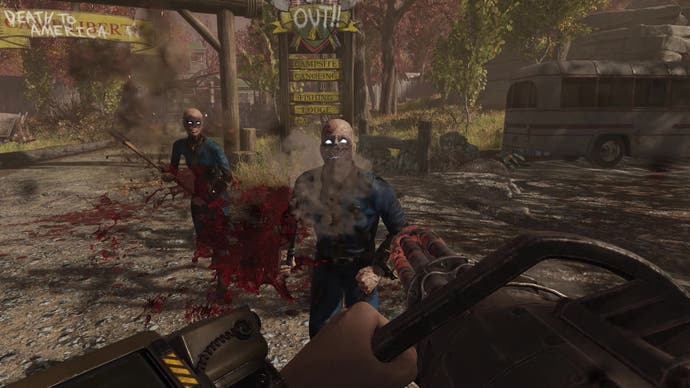 Two Lost attack the player outside a vacation campsite in Fallout 76.