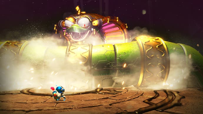 Official Astro Bot screenshot of Astro fighting a giant bug-like boss