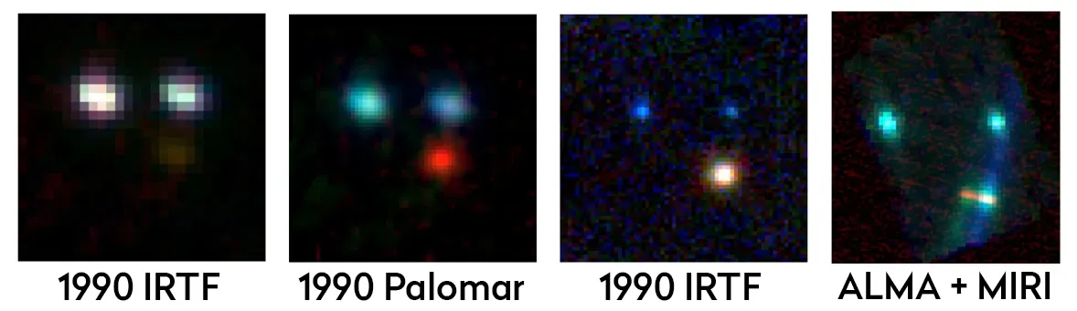 Four images showing the WL 20 galaxy as seen by (from left) NASA's Infrared Telescope Facility at the Mauna Kea Observatory, the Hale 5.0-meter telescope, the Palomar Observatory, the Keck II Telescope and the Webb Telescope and the Atacama Large Millimeter/submillimeter Array.