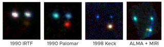 a panel of four square images shows three dots in different colors and focus.