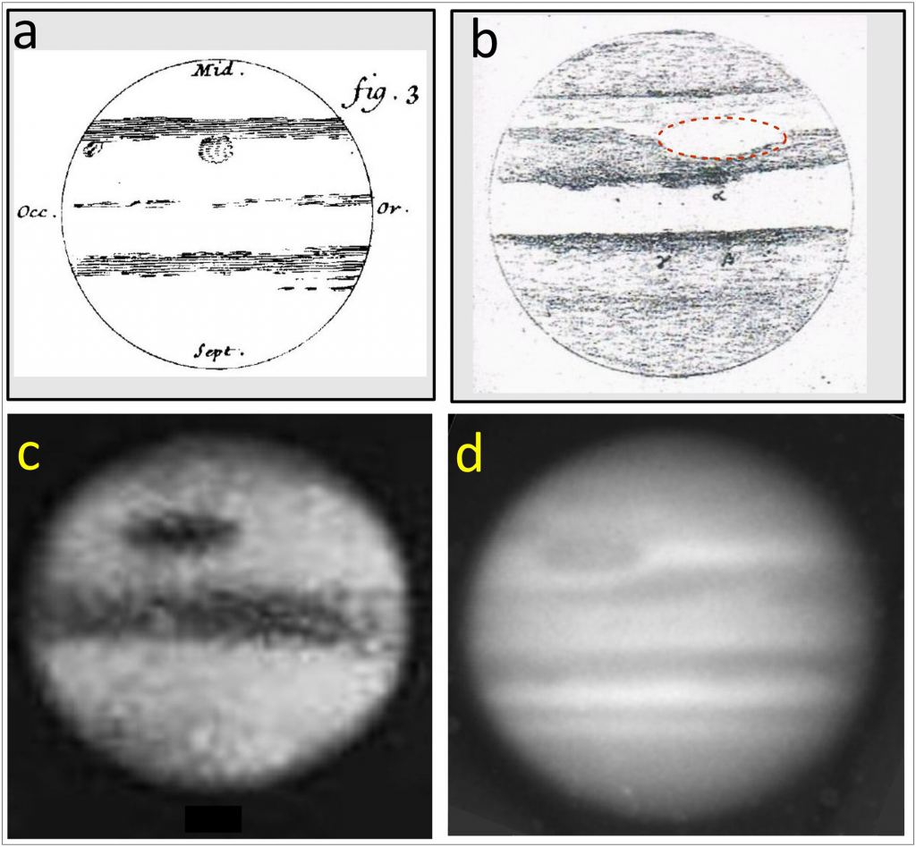 Four views of Jupiter and its GRS.  a is a drawing of the Permanent Spot by G. D. Cassini from January 19, 1672. b is a drawing by S. Swabe from May 10, 1851. It shows the GRS area as a bright oval with boundaries marked by the Hollow (drawn by a red dashed line).  c is a photo of AA Common from 1879. d is a photo of Observatory Lick with a yellow filter on October 14, 1890. Each image is an astronomical view of Jupiter with south above and east below.  Image credits: Sánchez-Lavega et al. 2024.