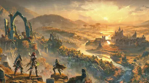 Bethesda A painting depicts three characters wearing armor and holding swords, standing on a high hill overlooking a vast landscape full of wooded areas and medieval-style buildings.  In the distance, a city with tall, turreted towers is visible.  A sunset glow permeates the scene and adds to the fantasy quality.