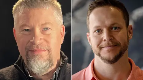 Bethesda Composite of two portraits.  On the left, a man with short gray hair and a goatee smiles.  On the right, in a similar studio portrait, a man with brown hair, neatly trimmed beard and salmon pink polo shirt smiles.