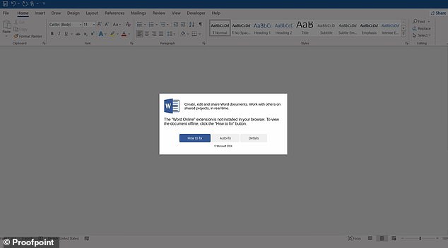 In all cases, cybersecurity experts explained, the hackers created their fake error messages through flaws or vulnerabilities using JavaScript in HTML email attachments or via compromised websites.  Above is an example of the fake messages, this time disguised as an MS Word prompt