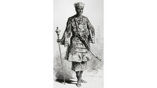 King Ghezo illustration.  He stands in a formal coat with a crown, sword and scepter.