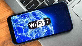 A smartphone with the logo for Wi-Fi 7