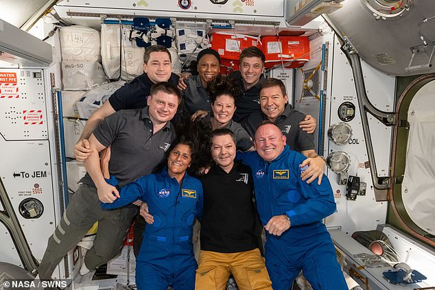 Crew aboard the ISS: Front, left to right, Suni Williams, Oleg Kononenko and Butch Wilmore.  Second row from left is Alexander Grebenkin, Tracy C. Dyson and Mike Barratt.  In the back are Nikolai Chub, Jeanette Epps and Matthew Dominick