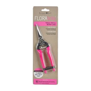 Small pruning shears with pink handles and silver blades, packed in brown FloraBrite packaging 