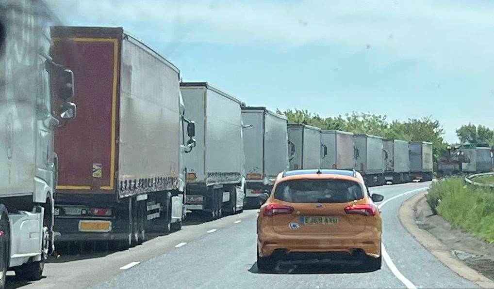 Dover TAP in use on the A20, with lorries queuing in the left lane of the dual carriageway.  Image: Sussex Beds