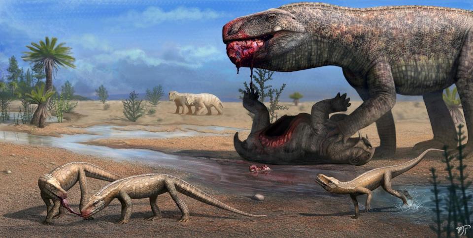 PHOTO: Middle-Late Triassic landscape in southern Brazil showing a large Prestosuchus chiniquensis feeding on the carcass of a dicynodont, while individuals of Parvosuchus aurelioi compete for scraps.  (Matheus Fernandes)