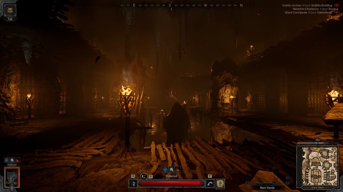 A screenshot of a dark dungeon and some wooden platforms and burning braziers.  There are enemies, but where?