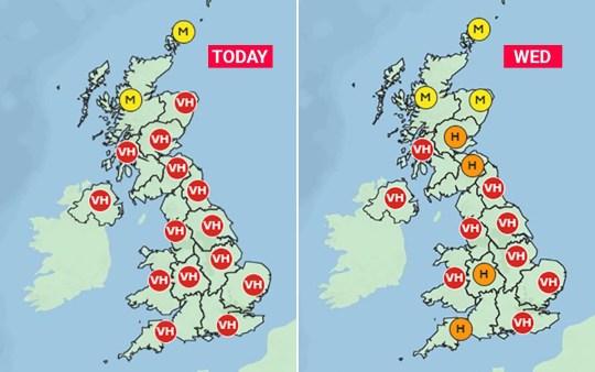 Map for today's and Wednesday's pollen counts.