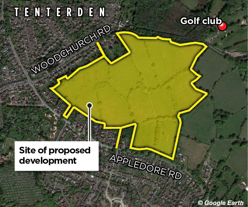 The location of the proposed development between Woodchurch Road and Appledore Road in Tenterden