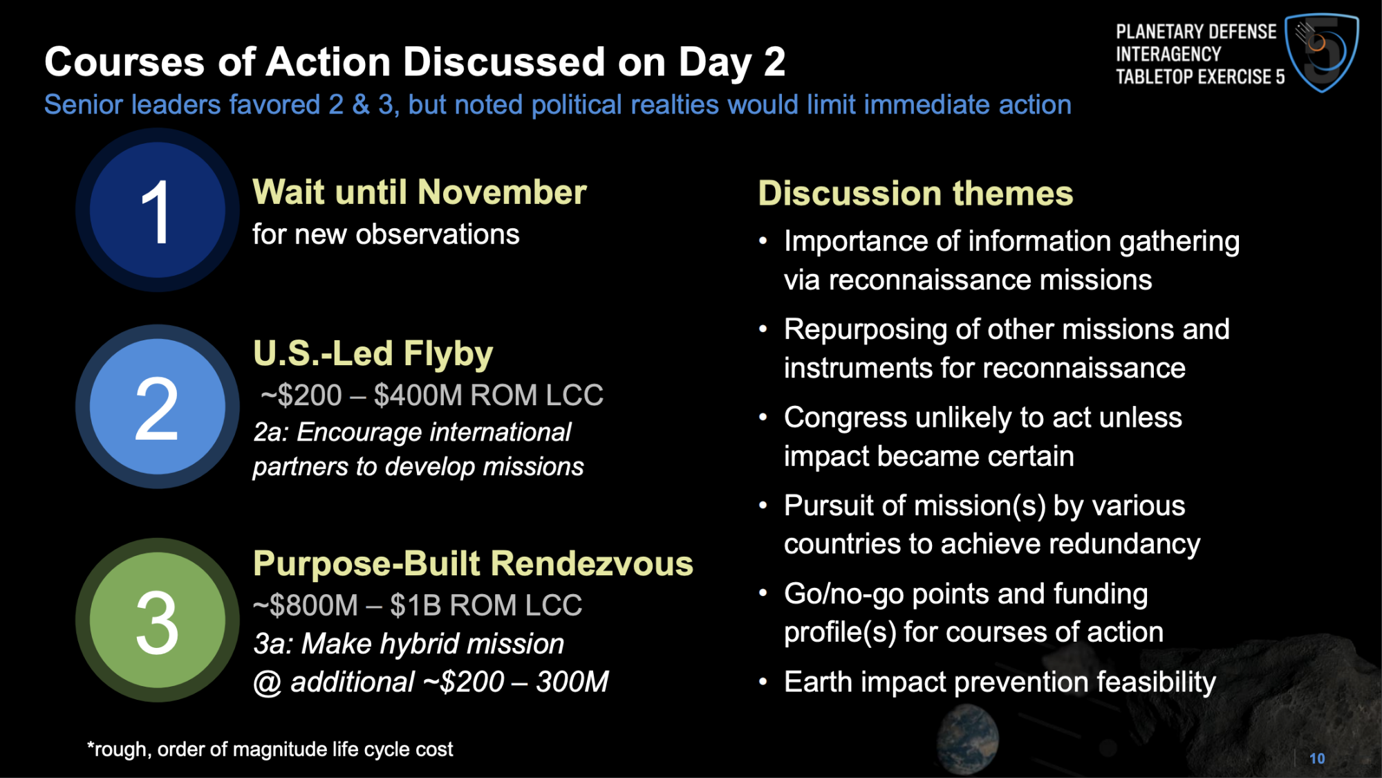 A slide from the Planetary Defense Interagency Tabletop Exercise showing courses of action for dealing with a likely impact.