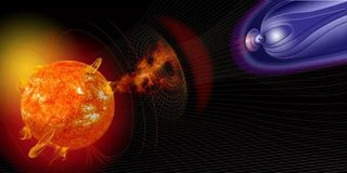 an image of the Sun and Earth (not to scale) with the Sun emitting orange rays that affect a series of blue rays radiating from Earth