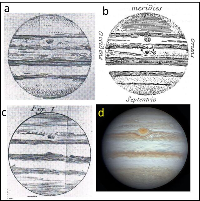 Comparison between the permanent spot and the current Great Red Spot.  (a) December 1690. (b) January 1691. (c) January 19, 1672. (d) August 10, 2023.