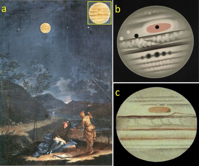 (a) 1711 painting of Jupiter by Donato Creti showing the reddish permanent spot.  (b) November 2, 1880, drawing of Jupiter by EL Trouvelot.  (c) November 28, 1881, drawing by TG Elger.