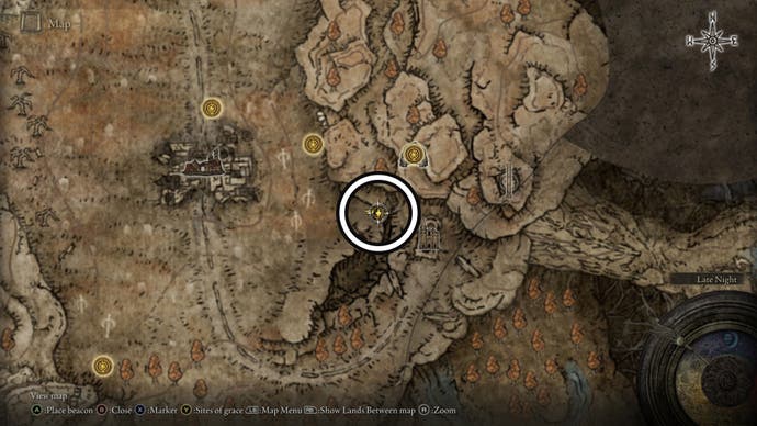 A screenshot of the location east of Scorched Ruins Revered Spirit Ashes on the Elden Ring Shadow of the Erdtree map.