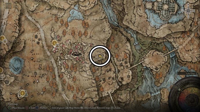 A screenshot of the location east of Moorth Ruins Revered Spirit Ashes on the Elden Ring Shadow of the Erdtree map.