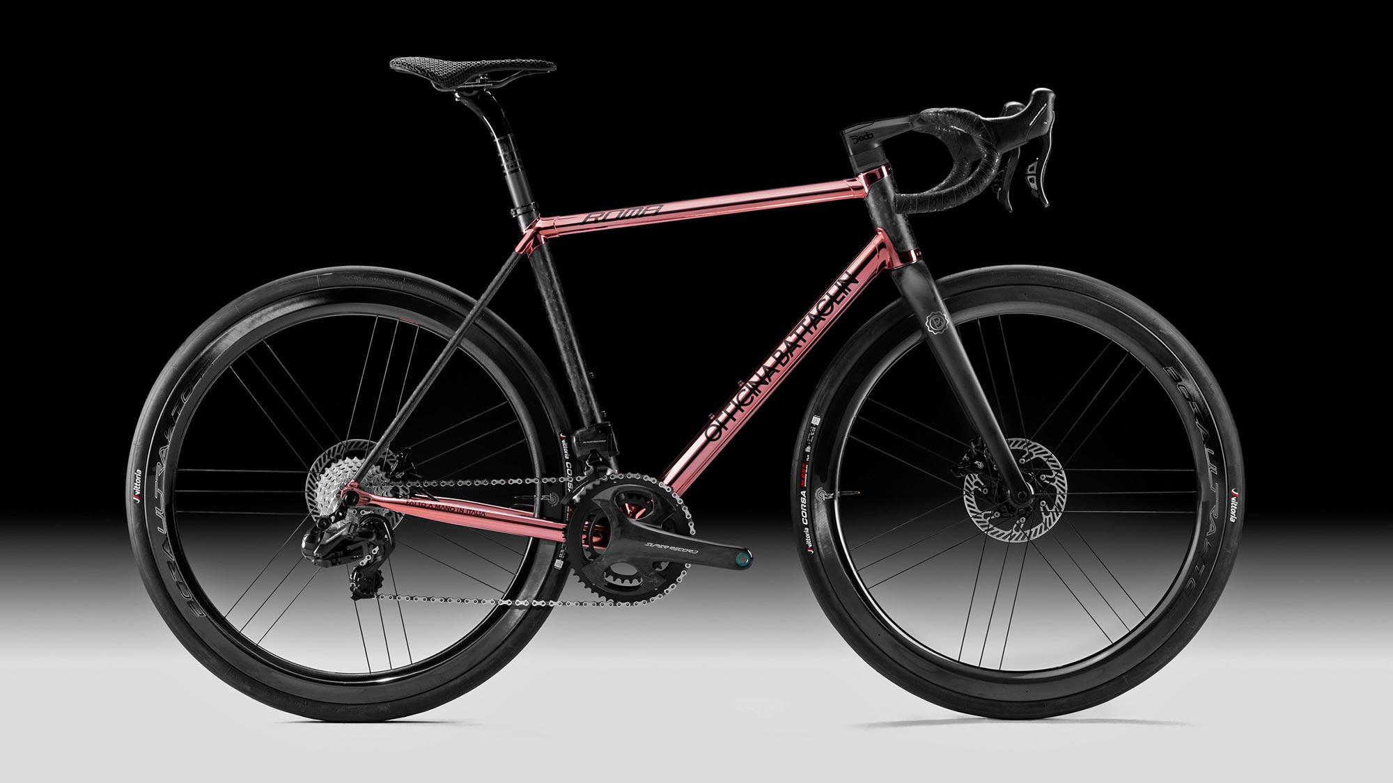 2024 Battaglin Roma allroad bike in steel and bonded carbon in Rose Gold cromovelato, complete Campagnolo Super Record Wireless construction