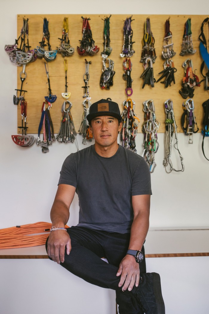 Chin wears the Panerai Submersible Flyback watch that he helped design, at his home in Jackson Hole, Wyoming