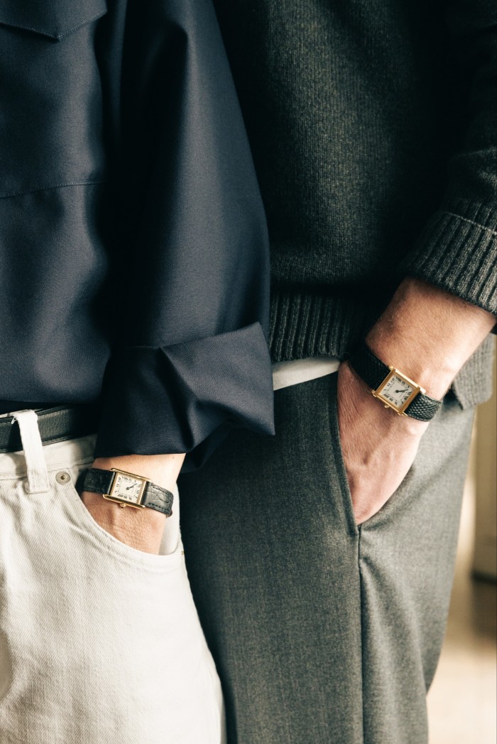 Pierre Mahéo and his wife wear their Vintage Cartier Tank watches