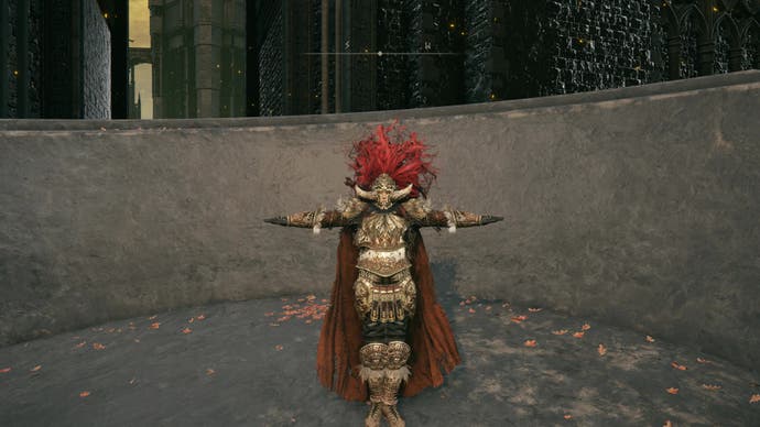 Screenshot of Elden Ring Shadow of the Erdtree showing an armored character in the T-pose of a stone chalice