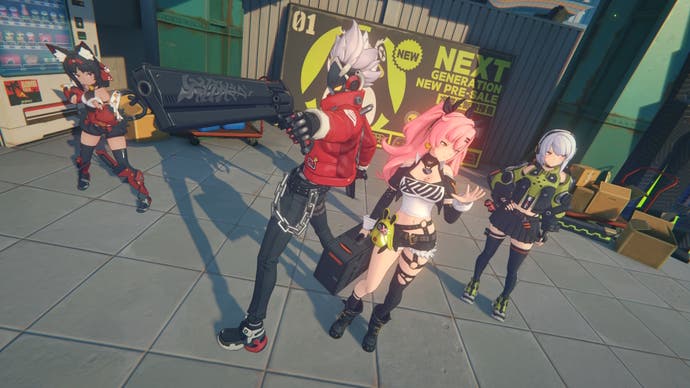 The Cunning Hares gang from Zenless Zone Zero pose, including Billy, Nicole, Anby, and Nekomata.