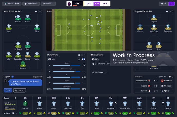 Official work in progress FM25 image showing the new screen between the highlights during a match