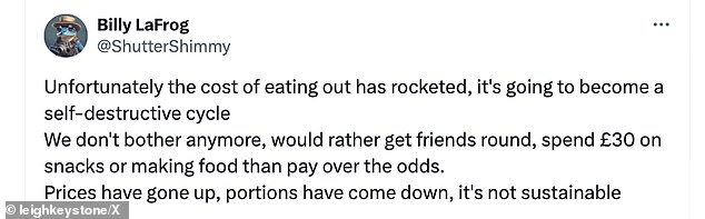 People shared customer frustration, saying prices of eating out have 'skyrocketed', with many choosing to eat at home before dining out.