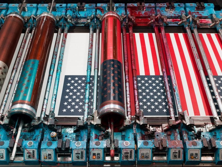 American flags in production on a rotary screen printer