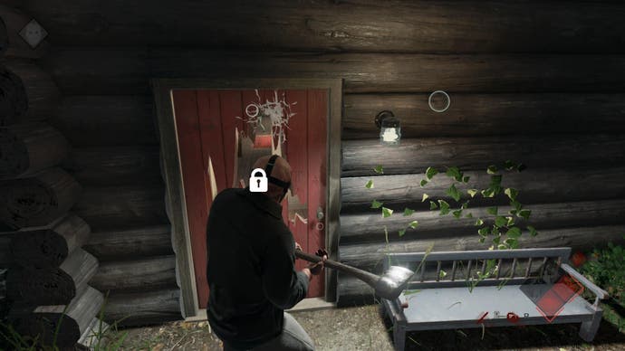 Jason swings an ax at a cabin door on Friday the 13th