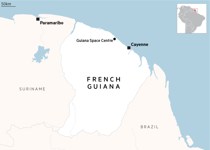 Map showing the Guyana Space Center in French Guiana