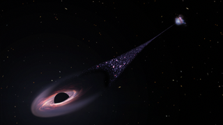 An illustration of a black hole zooming away from its galaxy, with a trail of stars behind it.